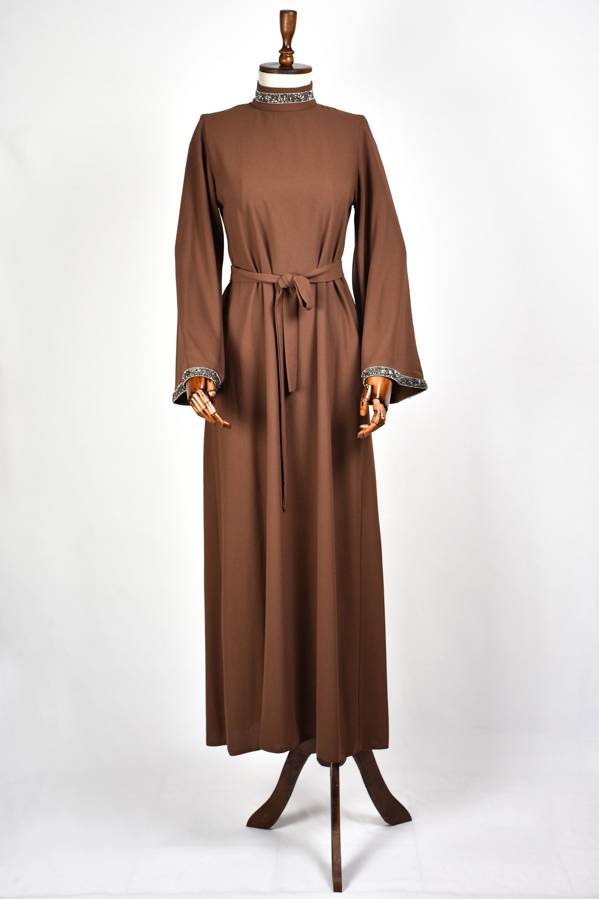 Abaya Dentelle Argentée - Marron